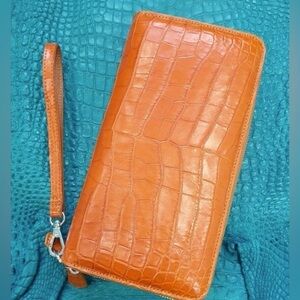 NEW Women's Genuine Crocodile Wristlet Zip Around Wallet, Orange